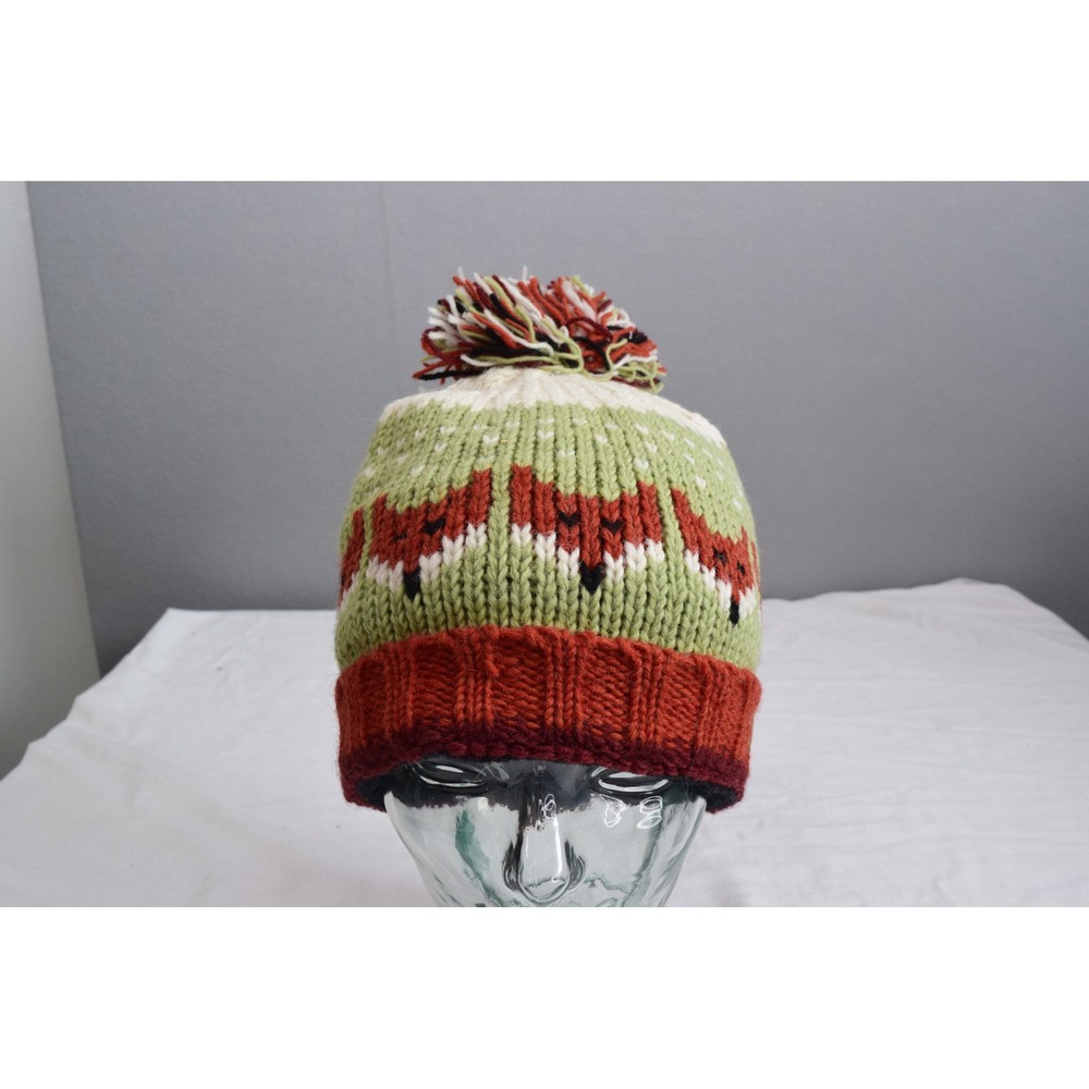Pachamama Fox Fair Isle Bobble Hat OS Green Orange Fleece Lined Beanie Women New